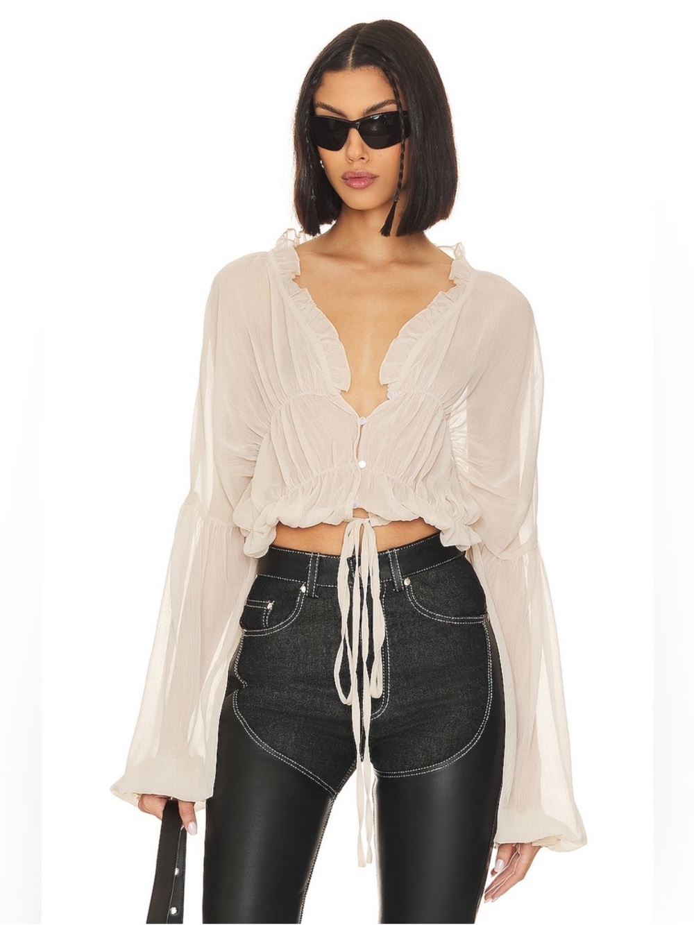 SNDYS Bali Ruffled Tie-Front Sheer Blouse in Cream